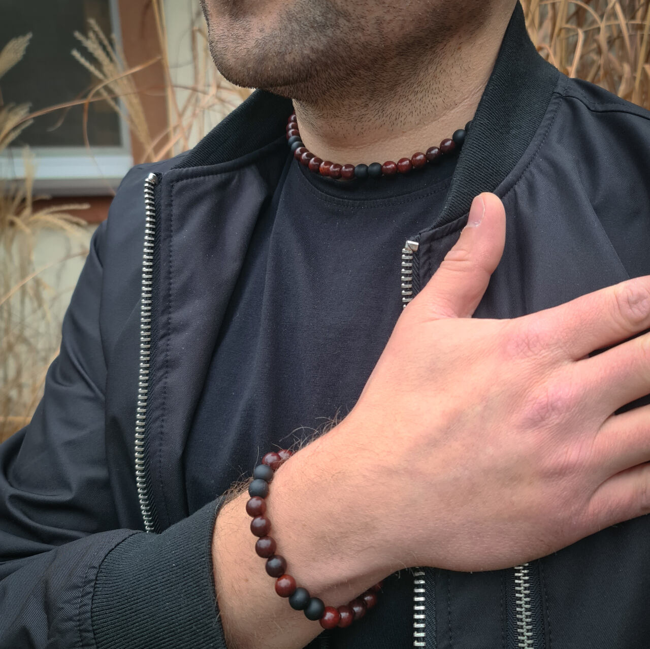 Bransoletka męska wawrzyn i black stone - obrazek 3